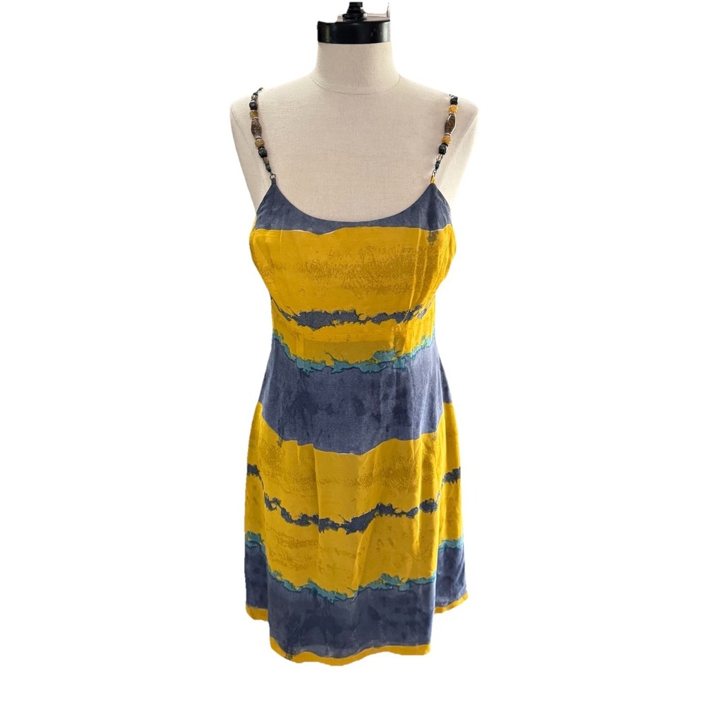 VTG Sue Wong Studio Sz S Slip Dress Rayon Beaded Straps Abstract Tie Dye Earthy